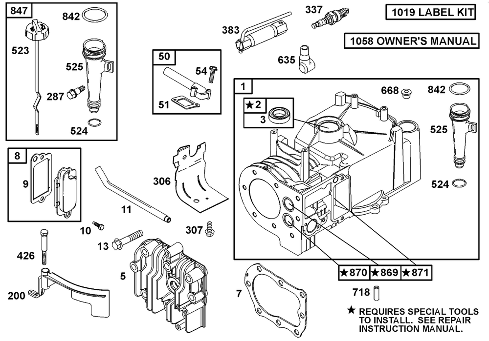 Oil Fill, Head, Cylinder Assembly Diagram and Parts List for 10C902-2033-XX  Briggs and Stratton Engine